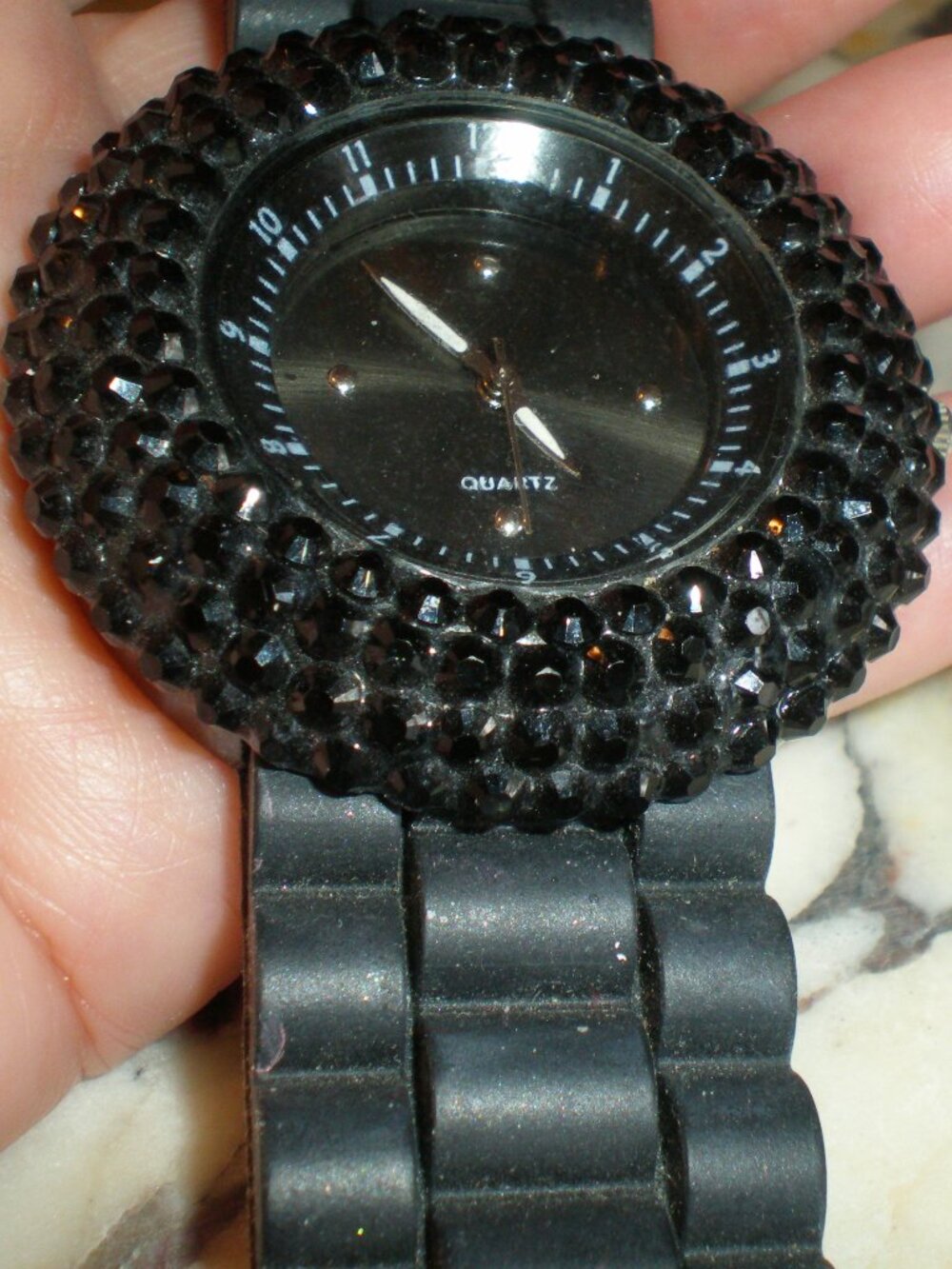 BLACK RHINESTONE Large Watch w/Silicone Band Works Perfect
